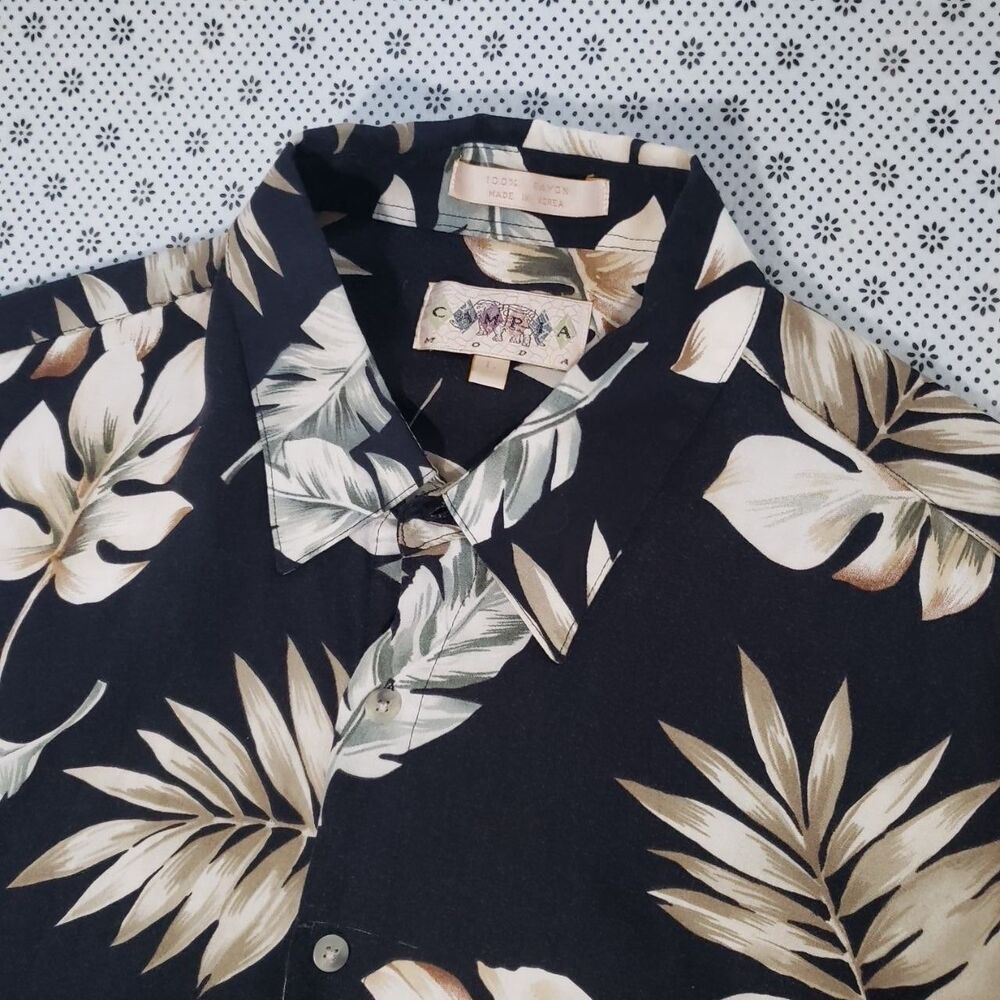 Campia Moda Vintage Men L Rayon Tropical Floral Hawaiian Button Down Shirt Black